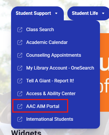 AIM Portal location in the Student Support menu in MyGiant