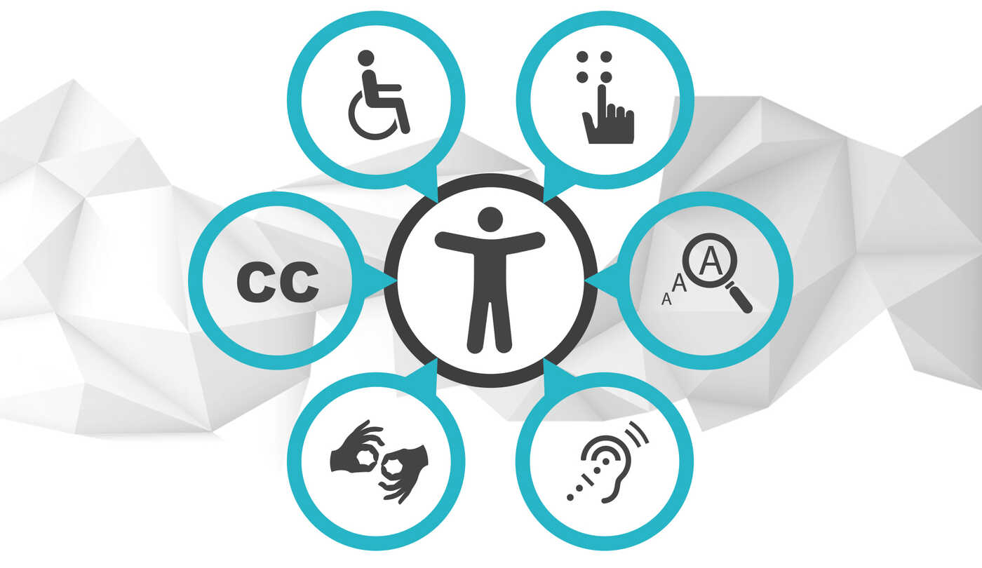 stick figure person in a circle with accessibility tools around them