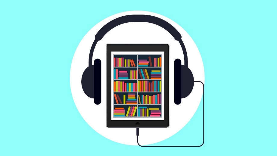 cartoon of a bookshelf with books on a tablet device wearing headphones